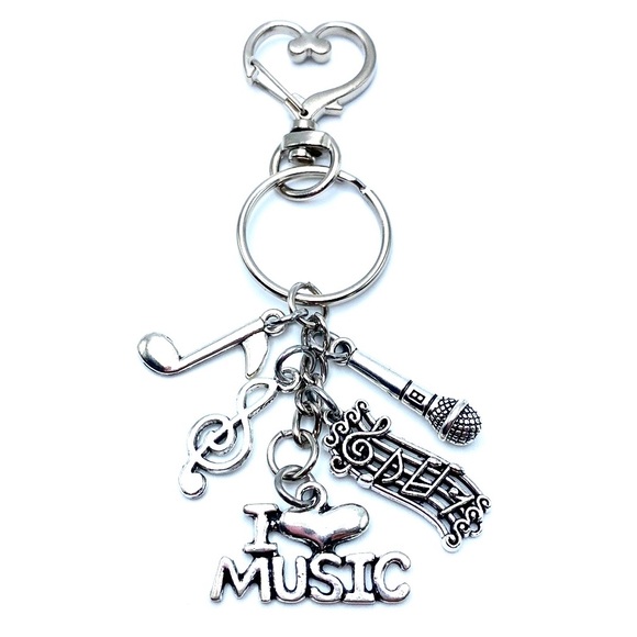 I Love Music Keychain Purse Charm Microphone - Picture 1 of 3